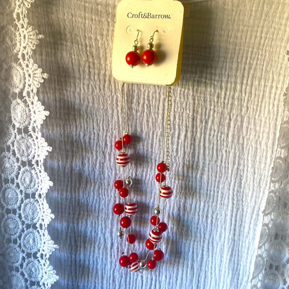 Red and White Necklace and Earrings